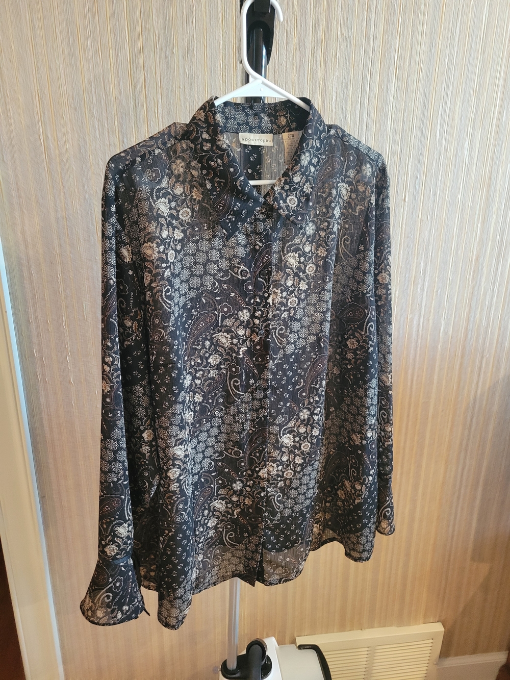 Apostrophe Black/ Brown Paisley Button-Down Shirt Bell Sleeve Ribbon 20W